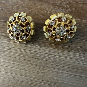 Vintage Rhinestone Floral Clip On Earrings